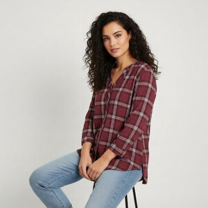 Denim & Co XS Maroon Black and White Plaid Button-Up 3/4 Sleeve Shirt